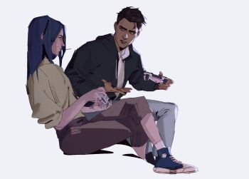 1boy 1girl absurdres alternate_costume arcane:_league_of_legends arcane_caitlyn arcane_jayce black_jacket blue_footwear blue_hair brown_pants brown_sweater caitlyn_(league_of_legends) controller dark-skinned_male dark_skin from_side highres holding holding_controller hood hood_down hooded_jacket jacket jayce_(league_of_legends) league_of_legends long_hair pants playstation_controller shoes short_hair simple_background sneakers sweater white_background white_pants zurka_durka