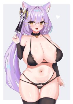 1girl :d absurdres animal_ears areola_slip black_bra black_panties black_thighhighs blush borrowed_character bow bra breasts cat_ears cat_girl cleavage commentary_request commission detached_sleeves fang gluteal_fold hair_bow hair_intakes heart heart-shaped_pupils highres huge_breasts indie_virtual_youtuber lingerie long_hair looking_at_viewer navel ody_kishi open_mouth panties ponytail purple_hair purple_nails skeb_commission smile solo symbol-shaped_pupils thighhighs underwear virtual_youtuber yellow_eyes