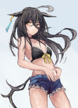 1girl ahoge animal_ears bare_shoulders bikini bikini_top_only black_bikini black_hair blue_shorts bow breasts closed_mouth collarbone denim denim_shorts ear_tag earrings frown hair_between_eyes horse_ears horse_girl horse_tail jewelry long_bangs long_hair long_hair_between_eyes manhattan_cafe_(umamusume) multicolored_hair shorts single_earring small_breasts solo stomach swimsuit tail umamusume white_hair yanagi_wakana yellow_bow yellow_eyes
