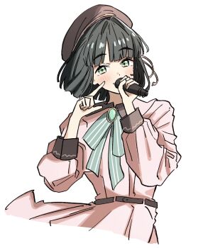 1girl beret bien_(djpwjd1) black_hair blunt_bangs blunt_ends blush bob_cut brooch brown_hat closed_mouth dream_believers dress green_eyes green_ribbon hat highres holding holding_microphone jewelry link!_like!_love_live! long_sleeves looking_at_viewer love_live! microphone momose_ginko neck_ribbon official_alternate_costume pink_dress ribbon short_hair simple_background smile solo split_mouth virtual_youtuber white_background