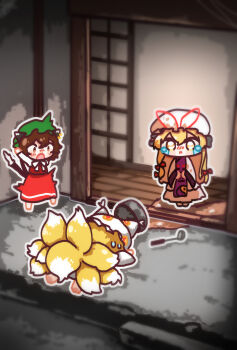 3girls :d absurdres animal_ears blush cat_ears cat_girl cat_tail chen chibi commentary cooking_pot dress food fox_girl fox_tail hair_ribbon hat highres kitsune kyuubi ladle long_hair long_sleeves lying medium_hair mob_cap multiple_girls multiple_tails on_stomach open_mouth purple_tabard red_skirt red_vest ribbon shirt skirt smile soup spill stained_clothes surprised tabard tail tearing_up touhou two_tails vest white_dress white_shirt yakumo_ran yakumo_yukari youtube_snh