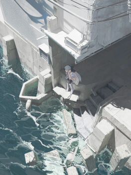 1girl absurdres airfish_(lefko_d) architecture black_pantyhose boots closed_eyes commentary day dress english_commentary film_grain from_above full_body grey_hair hand_on_own_head highres knee_boots long_hair ocean original outdoors pantyhose scenery short_sleeves sitting solo stairs title water waves white_boots white_dress wide_shot wire