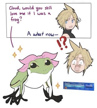 !? 1boy 1girl aerith_gainsborough animalization black_shirt blonde_hair blue_eyes character_name cloud_strife cropped_head english_text final_fantasy final_fantasy_vii final_fantasy_vii_remake frog furrowed_brow hair_ribbon highres hu_manbee_ing meme pink_ribbon ribbon shirt short_hair single_bare_shoulder sleeveless sleeveless_turtleneck sparkle spiked_hair status_effect turning_head turtleneck upper_body white_background wide-eyed would_you_still_love_me_if_i_was_a_worm_(meme)