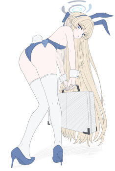 1girl animal_ears ass blonde_hair blue_archive blue_eyes blue_hairband blue_halo blue_leotard breasts briefcase detached_collar fake_animal_ears fake_tail hairband hakuaiiii halo high_heels highleg highleg_leotard highres holding leotard long_hair looking_at_viewer official_alternate_costume playboy_bunny rabbit_ears rabbit_tail simple_background solo strapless strapless_leotard tail thighhighs toki_(blue_archive) toki_(bunny)_(blue_archive) white_background white_thighhighs white_wrist_cuffs wrist_cuffs