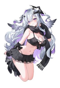 1girl :3 amane_konata artist_name black_arm_warmers black_bra black_halo black_leg_warmers black_nails black_panties black_ribbon black_scarf black_shoes black_skirt black_streaks black_wings bra breasts cable_knit cleavage closed_mouth colored_inner_hair commentary_request feathered_wings full_body gradient_wings grey_hair hair_over_one_eye hair_ribbon halo hand_up highleg highleg_panties highres hololive large_breasts leg_warmers looking_at_viewer mini_wings multicolored_hair multicolored_wings nail_polish navel panties panty_straps purple_eyes purple_hair ribbed_bra ribbon satoupote scarf shoes simple_background single_hair_intake skirt smile solo star_halo stomach streaked_hair two_side_up underwear white_background white_wings wings
