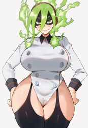 Rule 34 | 1girl, boku no hero academia, breasts, burnin (boku no hero academia), cameltoe, curvy, fire, garter straps, green hair, hands on own hips, huge breasts, mask, plump, solo, thighhighs, wide hips