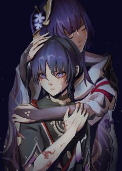 1boy 1girl abuse armor asymmetrical_sleeves beaten black_background blood blood_on_arm blood_on_clothes blood_on_face blood_on_hands blue_eyes blue_hair blunt_bangs bridal_gauntlets closed_mouth commentary crying crying_with_eyes_open english_commentary fan_hair_ornament flower flower_ornament genshin_impact hair_between_eyes hair_ornament hand_on_another's_head hand_on_another's_shoulder head_tilt highres hug hug_from_behind injury japanese_clothes jewelry kimono long_hair looking_to_the_side mitsudomoe_(shape) mother_and_son pendant pink_lips purple_flower purple_hair purple_kimono raiden_shogun sad scaramouche_(genshin_impact) scratches shade short_hair short_sleeves shoulder_armor streaming_tears tears tomoe_(symbol) torn torn_clothes uneven_sleeves violence wide_sleeves zariirin