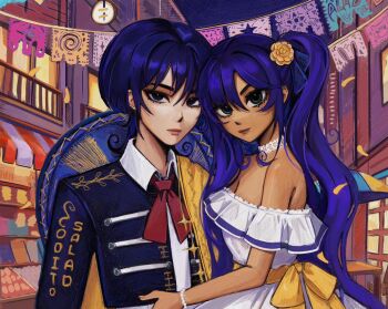 1boy 1girl alternate_costume alternate_skin_color artist_name bare_shoulders bead_bracelet beads black_eyes black_jacket blunt_ends bow bracelet breasts brown_lips building choppy_bangs cleavage closed_mouth coditosalad collar collared_shirt dark-skinned_female dark_skin detached_collar dress face_piercing festival flower food_stand genshin_impact gold_flower gold_shawl gold_trim green_eyes hair_bow hair_flower hair_ornament hand_on_another&#039;s_stomach hat hat_on_back highres jacket jewelry light_smile lip_piercing long_hair looking_at_viewer mexican_clothes mexican_dress mona_(genshin_impact) neckerchief night night_sky off-shoulder_dress off_shoulder outdoors parted_bangs piercing purple_bow purple_hair purple_hat red_lips red_neckerchief scaramouche_(genshin_impact) shirt sidelocks sky sombrero strapless strapless_dress table twintails undershirt white_collar white_dress white_shirt window yellow_bow