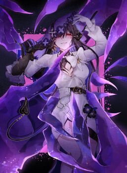 2girls black_gloves black_horns black_swan_(honkai:_star_rail) black_tail breasts commentary constance_(honkai:_star_rail) dress english_commentary gloves highres honkai:_star_rail honkai_(series) horns implied_sex large_breasts looking_at_viewer medium_hair multiple_girls par_sato red_eyes tail white_dress yuri