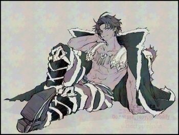 Rule 34 | 1boy, abs, artist name, bare arms, bartholomew roberts (fate), black boots, black border, black coat, black hair, boots, border, chain, co yota, coat, collarbone, collared coat, cosplay, edward teach (fate), edward teach (fate) (cosplay), fate/grand order, fate (series), full body, high collar, jacket, jacket on shoulders, jewelry, knee up, leaning back, looking at viewer, male focus, no shirt, short hair, sideways glance, sitting, smile, solo, toned, toned male, watermark