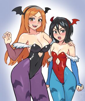 2girls :d :o absurdres animal_print artist_name bare_shoulders bat_print black_eyes black_hair black_hairband black_leotard bleach blue_pantyhose blush breasts cleavage clothing_cutout collarbone commentary cosplay covered_navel darkstalkers diamond_cutout english_commentary fake_wings fangs hair_between_eyes hairband hand_on_another&#039;s_head head_wings heart_cutout highres inoue_orihime kuchiki_rukia large_breasts leotard lilith_(darkstalkers) lilith_(darkstalkers)_(cosplay) long_hair morrigan_aensland morrigan_aensland_(cosplay) multiple_girls open_mouth orange_eyes orange_hair pantyhose print_pantyhose purple_pantyhose red_hairband red_leotard short_hair small_breasts smile strapless strapless_leotard v-shaped_eyebrows watcher_hollow wings