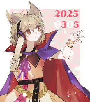 1girl belt bracelet brown_eyes cape closed_mouth dated dated_commentary dress earmuffs highres jewelry kalmeyaki pointy_hair purple_cape ritual_baton sleeveless sleeveless_dress smile solo touhou toyosatomimi_no_miko twitter_username
