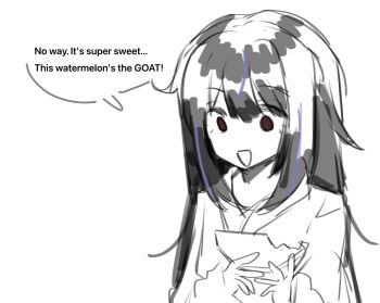 Rule 34 | 1girl, araya (project moon), black hair, commentary, empurpiee, english commentary, english text, food, fruit, highres, japanese clothes, kimono, limbus company, long hair, project moon, red eyes, simple background, solo, watermelon, watermelon slice, white background, zoomer slang