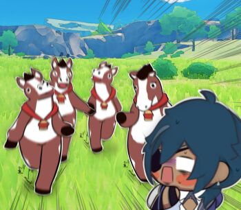 1boy ahoge animal animal_ears animal_nose bell black_gloves blank_eyes blue_hair blue_sky blush_stickers chibi clothing_cutout commentary dark-skinned_male dark_skin day earrings english_commentary eyepatch fingerless_gloves genshin_impact gloves grass grey_jacket hair_between_eyes hand_up horse horse_ears horse_tail in-universe_location jacket jewelry kaeya_(genshin_impact) long_hair looking_at_another looking_back low_ponytail male_focus motion_lines mountain neck_bell open_mouth outdoors ponytail running scared scenery shirt single_earring sky sweat tail tree unosaki2 upper_body white_shirt