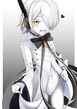 &gt;:) 1girl :d absurdres bandaged_hand bandages black_bow black_bowtie black_choker blue_archive blush bottomless bow bowtie choker clothes_lift colored_skin cowboy_shot flat_chest gluteal_fold grey_background groin hair_over_one_eye hand_up heart highres jacket jacket_lift large_bow lifting_own_clothes loli long_sleeves looking_at_viewer lower_teeth_only navel no_panties no_pussy oiru_(613) open_mouth outside_border short_hair simple_background sleeve_bow smile smug sof_(blue_archive) solo standing symbol-shaped_pupils teeth thighs v-shaped_eyebrows white_bow white_hair white_jacket white_skin wide_sleeves x-shaped_pupils yellow_eyes