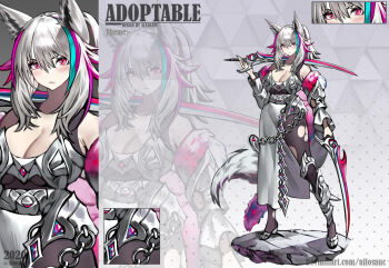 1girl 2020 adoptable allosauc animal_ears aqua_hair armor artist_name asymmetrical_skirt bare_shoulders bikini_armor black_bodysuit bodysuit breasts reference_sheet cleavage close-up closed_mouth collarbone cowboy_shot deviantart_username dual_wielding english_text full_body fur-trimmed_jacket fur_trim gradient_background grey_background grey_footwear hair_between_eyes high_heels holding holding_sword holding_weapon huge_breasts jacket light_blush light_frown long_hair long_skirt long_sleeves looking_at_viewer multicolored_hair multiple_views open_clothes open_jacket original over_shoulder pink_eyes pink_hair polka_dot polka_dot_background ponytail projected_inset simple_background skirt strapless_bodysuit streaked_hair sword tail triangle_background weapon weapon_over_shoulder white_armor white_hair white_jacket white_skirt white_sleeves wolf_ears wolf_tail