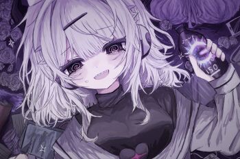 1girl @_@ black_eyes black_shirt bottle breasts brooch cellphone energy_drink fake_horns hair_ornament hairclip headphones heart heart_brooch highres holding holding_bottle horned_headwear horns jewelry large_breasts looking_at_viewer medium_hair messy_room nonsrnn open_mouth papers phone q-chan_(yunyun_denpa_syndrome) sharp_teeth shirt smartphone sweat teeth trash turtleneck white_hair yunyun_denpa_syndrome