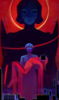 Rule 34 | 1000xresist, 3girls, allmother (1000xresist), bodysuit, carrying, censored, censored identity, commentary, corpse, dead finch, dissolving, dual persona, english commentary, expressionless, glasses, halo, highres, horrified, jiao (1000xresist), limited palette, medium hair, multiple girls, princess carry, principal (1000xresist), round eyewear, scanlines, short hair, shoulder pads, spoilers