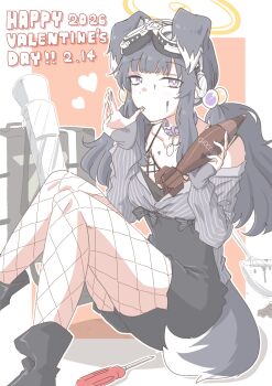 Rule 34 | 1girl, absurdres, ammunition, animal collar, animal ears, black hair, black shorts, blue archive, blue eyes, border, bowl, briefcase, bright pupils, chocolate, chocolate on face, collar, commentary, dated, dog ears, dog girl, dog tail, english commentary, english text, eyewear on head, fishnet pantyhose, fishnets, floppy ears, food, food on face, goggles, goggles on head, grey shirt, halo, happy valentine, hariyaa, heart, hibiki (blue archive), high-waist shorts, highres, holding, holding chocolate, holding food, knees up, licking, licking finger, licking own finger, light blush, long hair, long sleeves, looking at viewer, low twintails, mortar (weapon), mortar shell, orange background, outside border, pantyhose, screwdriver, shirt, shorts, sitting, sleeves past wrists, solo, tail, twintails, white border, white pupils, yellow halo
