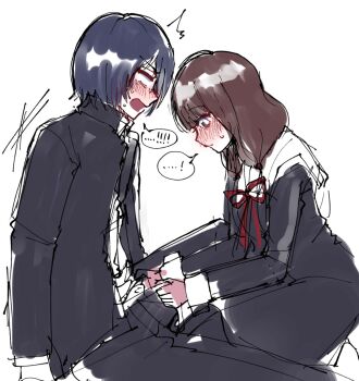 1boy 1girl bangs_over_one_eye black_dress black_hair black_jacket black_pants blush brown_eyes brown_hair dress hetero highres iino_miko ishigami_yuu jacket kaguya-sama_wa_kokurasetai_~tensai-tachi_no_renai_zunousen~ low_twintails n1ku22a pants shuuchiin_academy_school_uniform speech_bubble twintails