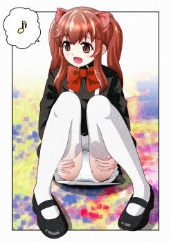 1girl abstract_background absurdres aloe_(quiz_magic_academy) bapio black_dress blush border bow brown_eyes brown_hair commentary_request dress female_focus full_body grabbing_own_thigh hair_bow hair_ornament highres huge_filesize knees_up loli long_hair long_sleeves looking_to_the_side mary_janes musical_note paid_reward_available panties pantyshot pink_bow quiz_magic_academy red_ribbon ribbon school_uniform shoes sidelocks sitting solo spoken_musical_note thighhighs twintails underwear white_panties white_thighhighs