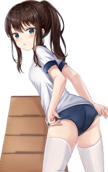 1girl absurdres aqua_eyes ass bad_id bad_pixiv_id blush breasts brown_hair buruma feet_out_of_frame gym_uniform hair_between_eyes highres long_hair looking_at_viewer looking_back original parted_lips ponytail shirt short_sleeves sidelocks simple_background small_breasts solo stack standing thighhighs thighs underwear white_background white_shirt white_thighhighs zeroillya
