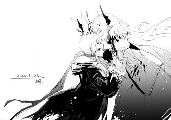 Rule 34 | 2girls, amiya (arknights), amiya (medic) (arknights), animal ears, arknights, chinese commentary, civilight eterna, cloak, commentary request, cowboy shot, dated, demon horns, dress, greyscale, hands on another's cheeks, hands on another's face, highres, hood, hooded cloak, horns, jewelry, kiss, kissing forehead, long hair, long sleeves, looking at another, maplebyebye, monochrome, multiple girls, multiple rings, pointy ears, rabbit ears, ring, tearing up, theresa (arknights), torn cloak, torn clothes, very long hair