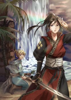 1boy 1girl apron aqua_eyes arm_guards black_hair blonde_hair blue_capelet blue_dress boots brown_boots brown_eyes brown_gloves capelet castti_florenz commentary_request dress floating_clothes floating_hair gloves hair_bun hat highres hikari_ku holding holding_leaf holding_sword holding_weapon japanese_clothes katana kneeling leaf looking_at_another looking_to_the_side musui_(user_khpx4855) nurse_cap octopath_traveler octopath_traveler_ii open_mouth palm_tree parted_bangs ponytail rainbow sand single_hair_bun sweat sword tree water waterfall weapon white_apron