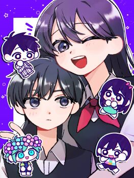 2girls 4boys antenna_hair aubrey_(headspace)_(omori) aubrey_(omori) barefoot basil_(headspace)_(omori) basil_(omori) black_eyes black_hair black_sweater_vest blue_overalls blue_shirt blush bow bright_pupils brothers checkered_clothes chibi closed_mouth collared_shirt colored_skin commentary_request double-parted_bangs flower flower_wreath green_eyes green_hair green_shirt hair_between_eyes hair_bow head_wreath hero_(headspace)_(omori) hero_(omori) highres k1_rin kel_(headspace)_(omori) kel_(omori) long_hair long_shirt looking_at_another looking_at_viewer mari_(headspace)_(omori) mari_(omori) multiple_boys multiple_girls neckerchief omori open_mouth overall_shorts overalls pajamas pants pink_bow purple_eyes purple_hair purple_shorts red_neckerchief shirt short_hair short_sleeves shorts siblings sidelocks smile striped_clothes striped_pajamas striped_pants sunny_(omori) sweater_vest t-shirt tank_top teeth upper_teeth_only vertical-striped_clothes vertical-striped_pajamas vertical-striped_pants white_pajamas white_pants white_pupils white_shirt white_skin