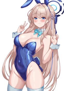1girl absurdres animal_ears aqua_bow aqua_bowtie blonde_hair blue_archive blue_eyes blue_hairband blue_halo blue_leotard bow bowtie braid breasts cleavage covered_navel detached_collar double_v expressionless fake_animal_ears fake_tail hair_bow hairband half_up_braid halo highleg highleg_leotard highres large_breasts leotard long_hair multicolored_hair official_alternate_costume playboy_bunny rabbit_ears rabbit_tail solo strapless strapless_leotard streaked_hair tail thighhighs toki_(blue_archive) toki_(bunny)_(blue_archive) v white_background white_thighhighs white_wrist_cuffs wrist_cuffs wxjn4348