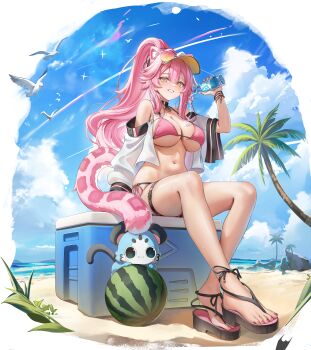 1girl absurdres alternate_costume animal_ear_fluff animal_ears aoi_13 beach bikini blue_sky bottle breasts chattino_(raora_panthera) cleavage cloud cloudy_sky commentary_request crossed_ankles day extra_ears feet food fruit highres holding holding_bottle hololive hololive_english large_breasts long_hair looking_at_viewer mixed-language_commentary mountainous_horizon nail_polish navel ocean outdoors palm_tree panther_ears panther_girl panther_tail pink_bikini pink_hair plastic_bottle ponytail raora_panthera sandals sky smile spilling stomach swimsuit tail thigh_strap thighs toenail_polish toenails toes tree virtual_youtuber water_bottle watermelon yellow_eyes