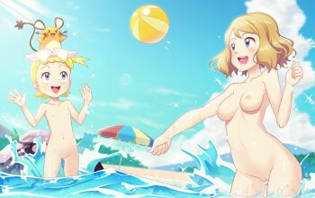 >_< 2girls ball beach beach_umbrella beachball blonde_hair blue_eyes bonnie_(pokemon) breasts cleft_of_venus closed_eyes cloud cloudy_sky completely_nude dedenne female_focus flat_chest gazing_eye gen_6_pokemon highres loli multiple_girls nintendo nipples nude ocean open_mouth pokemon pokemon_(anime) pokemon_xy_(anime) pussy serena_(pokemon) sky smile umbrella water