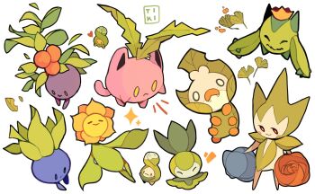 :> ^_^ black_eyes blue_flower blue_rose blush_stickers budew bug cacnea closed_eyes commentary english_commentary fangs fangs_out flower gen_1_pokemon gen_2_pokemon gen_3_pokemon gen_4_pokemon gen_5_pokemon heart highres hoppip leaf nintendo no_humans oddish petilil plant pokemon pokemon_(creature) pokemon_focus red_eyes red_flower red_rose rose roselia_(pokemon) sewaddle signature simple_background solid_oval_eyes sparkle sunflora tiki_(tikivt) white_background yellow_eyes