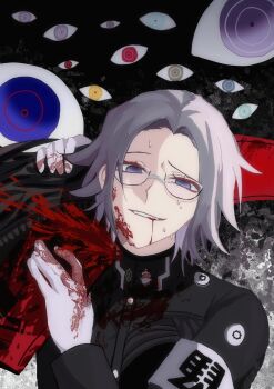 1boy absurdres aotsuki_eito armband blood blood_from_mouth blood_on_clothes blood_on_face blood_spray bumbamun commentary disembodied_eye empty_eyes eyeliner gakuran glasses gloves grey_hair grin highres holding holding_scythe holding_weapon last_defense_academy_school_uniform looking_at_viewer makeup male_focus no_pupils red_eyeliner scene_reference school_uniform scythe short_hair smile solo spoilers suicide sweat the_hundred_line_-last_defense_academy- weapon white_armband white_gloves