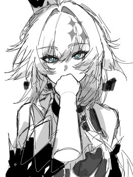 2girls absurdres aqua_eyes artist_name artist_self-insert bare_shoulders cerydra_(honkai:_star_rail) chinese_commentary crown detached_sleeves dress female_pov hair_intakes head_tilt highres honkai:_star_rail honkai_(series) imminent_kiss implied_yuri kiss kissing_hand lofter_username long_hair long_sleeves looking_at_viewer monochrome multiple_girls partially_colored pov pov_hands shade simple_background viewer_self-insert wavy_hair white_background yanhuan61211