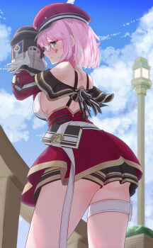 1girl absurdres ass ass_focus bare_shoulders belt black_shorts blue_eyes breasts camera charlotte_(genshin_impact) cloud cloudy_sky commentary culottes detached_sleeves genshin_impact gloves hat highres holding holding_camera huzi_jun753 large_breasts long_sleeves newsboy_cap pink_hair pleated_shorts puffy_sleeves short_hair short_shorts shorts skirt sky solo swept_bangs thighs underbutt