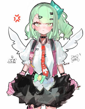 Rule 34 | 3girls, absurdres, anger vein, aria (human) (zenless zone zero), aria (zenless zone zero), arm warmers, bag, bandaid, bandaid hair ornament, black skirt, blush, closed mouth, collar, commentary request, cowboy shot, earrings, green eyes, green hair, hair ornament, heart, heart hair ornament, highres, jewelry, looking at viewer, multiple girls, multiple hair clips, musical note earrings, nangong yu, necktie, pink arm warmers, pink bag, pof h0, ponytail, red necktie, shirt, simple background, skirt, solo focus, striped arm warmers, sunna (zenless zone zero), twitter username, white background, white shirt, white wings, winged bag, wings, zenless zone zero