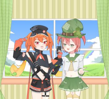 2girls absurdres belly blonde_hair bow breasts cloud cloudy_sky commission curtains enya_ignis flat_chest fuyo_cloverfield green_eyes hat highres chromashift indoors knee_up knees_up long_hair looking_at_viewer multicolored_hair multiple_girls navel open_mouth orange_hair pocket rainbow red_eyes ribbon selfie short_hair shorts skirt sky small_breasts v virtual_youtuber window