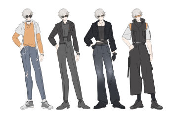 1boy absurdres alternate_costume artist_collaboration black_hoodie black_jacket black_pants black_shirt closed_mouth commentary english_commentary grey_hair grey_pants grey_shoes hand_in_pocket highres honkai_(series) honkai_impact_3rd hood hoodie jacket kalpas_(honkai_impact) male_focus multiple_views orange-tinted_eyewear orange_shirt pants reference_sheet round_eyewear sang_sha shirt shirt_partially_tucked_in shoes short_hair simple_background sketch sleeveless sleeveless_hoodie sunglasses tinted_eyewear toned toned_male white_background white_jacket zelian