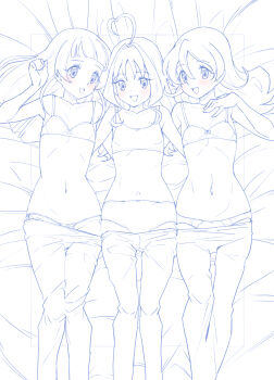 Rule 34 | 3girls, ahoge, alternate hairstyle, aokaze nana, arm around back, bed sheet, blue theme, blush, bow, bow bra, bow panties, bra, clothes pull, commentary, flat chest, from above, girl sandwich, hair down, hand on own chest, highres, kimi to idol precure, long hair, looking at viewer, medium hair, micro panties, miyagoe yoshitsuki, monochrome, multiple girls, navel, no shirt, on bed, open mouth, pajamas, panties, pants, pants pull, precure, sakura uta (precure), sandwiched, shigure kokoro, side-by-side, side-tie panties, sleepwear, smile, spot color, string panties, training bra, underwear