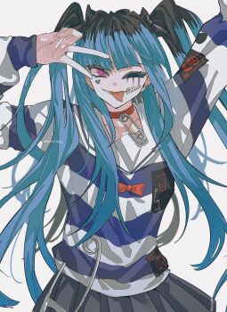 Rule 34 | 1girl, amemiya darumi, arm up, black eyeshadow, black hair, blue hair, collarbone, commentary request, eyeshadow, grey skirt, highres, ice morinaka, long hair, long sleeves, looking at viewer, makeup, mole, mole under mouth, multicolored hair, one eye closed, pink eyes, pleated skirt, runny makeup, shirt, simple background, skirt, solo, striped clothes, striped shirt, the hundred line -last defense academy-, tongue, tongue out, two-tone hair, v, very long hair, white background