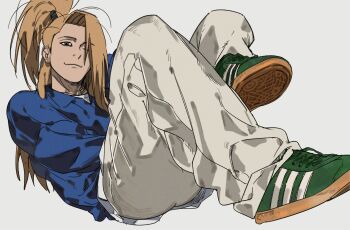 Rule 34 | 1boy, blonde hair, blue eyes, blue shirt, chasenmage, deidara (naruto), dong2taku, earrings, green footwear, grey background, grey pants, highres, jewelry, long hair, male focus, naruto (series), naruto shippuuden, pants, shirt, simple background, solo, stud earrings