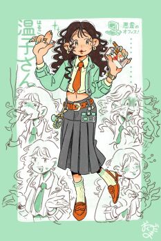 1girl arms_up belt border brown_hair cigarette cigarette_pack commentary crop_top cropped_jacket earrings full_body green_border green_jacket grey_skirt highres holding holding_cigarette holding_cigarette_pack jacket jewelry long_hair looking_at_viewer marlboro multiple_views necktie o_ku_da_ma orange_belt orange_necktie orange_shoes original shoes skirt smoking socks standing standing_on_one_leg wavy_hair wispy_bangs