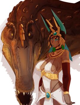 1girl absurdres ammit ancient_egyptian_clothes animal_ears armlet black_hair blue_eyeshadow blue_lips breasts cat_ears cleavage cupperexe dalilah_(cupperexe) dark-skinned_female dark_skin egyptian_mythology eyeliner eyeshadow gold hair_ornament highres jewelry large_breasts lipstick looking_at_viewer makeup original simple_background white_background