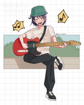 1girl beamed_eighth_notes black_eyes black_pants black_shoes bucket_hat commentary_request crossed_legs eighth_note electric_guitar figure_four_sitting futsuu_no_keion-bu grid_background guitar guitar_strap hat hatono_chihiro highres instrument kotori_yu0430 music musical_note open_mouth outdoors pants playing_guitar playing_instrument print_shirt purple_hair shirt shoes short_hair short_sleeves singing sitting sneakers solo t-shirt teeth twitter_username watermark white_shirt