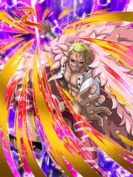 1boy abs artist_collaboration blonde_hair capri_pants coat crossover devil_fruit_power donquixote_doflamingo dragon_ball dragon_ball_z_dokkan_battle feather_coat full_body grin jumping looking_at_viewer muscular official_art one_piece open_clothes open_vest orange-tinted_eyewear pants pectorals pink_coat shirt short_hair smile sunglasses tinted_eyewear title toei_company vest white-framed_eyewear