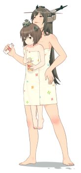 10s 2girls barefoot bottle breast_press breasts brown_hair completely_unamused empty_eyes hand_on_own_hip headgear kantai_collection kodama_(wa-ka-me) large_breasts long_hair looking_down looking_up milk milk_bottle multiple_girls nagato_(kancolle) naked_towel puddle sharing short_hair size_difference standing tall towel unamused yukikaze_(kancolle)
