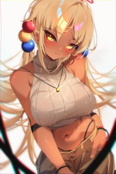 1girl blonde_hair breasts closed_mouth hair_ornament highleg highres hololive hololive_english jewelry long_hair midriff navel necklace ribbed_shirt shirt sleeveless sleeveless_shirt solo tan the0neulost tsukumo_sana virtual_youtuber yellow_eyes