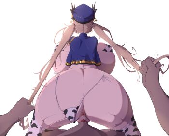 1boy 1girl animal_print anus ass ass_focus bad_id bad_pixiv_id bikini blue_capelet blue_hat breasts capelet chaos_gerda_(gakuen)_(grimms_notes) chaos_gerda_(grimms_notes) cow_print cow_print_bikini dark-skinned_male dark_skin from_behind grabbing_another's_hair grimms_notes grimms_notes_gakuen hat hetero holding_another's_hair huge_ass huge_breasts penis pov print_bikini pussy sex shuukuriimu sideboob simple_background swimsuit twintails uncensored vaginal white_background