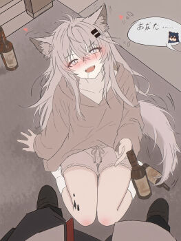 2girls absurdres animal_ear_fluff animal_ears arknights bloomers blush bottle commentary crossed_bangs drink drunk feet female_pov grey_eyes grey_hair grey_hoodie grey_tail hair_between_eyes hair_ornament hairclip heart highres hood hood_down hoodie ibuprofen_(user_hemw4878) kneehighs lappland_(arknights) looking_at_viewer material_growth multiple_girls nose_blush on_floor open_mouth oripathy_lesion_(arknights) pov pov_legs saliva scar scar_across_eye scar_on_face sleeves_past_wrists socks solo_focus speech_bubble tail teeth texas_(arknights) translated underwear upper_teeth_only white_socks wolf_ears wolf_girl wolf_tail